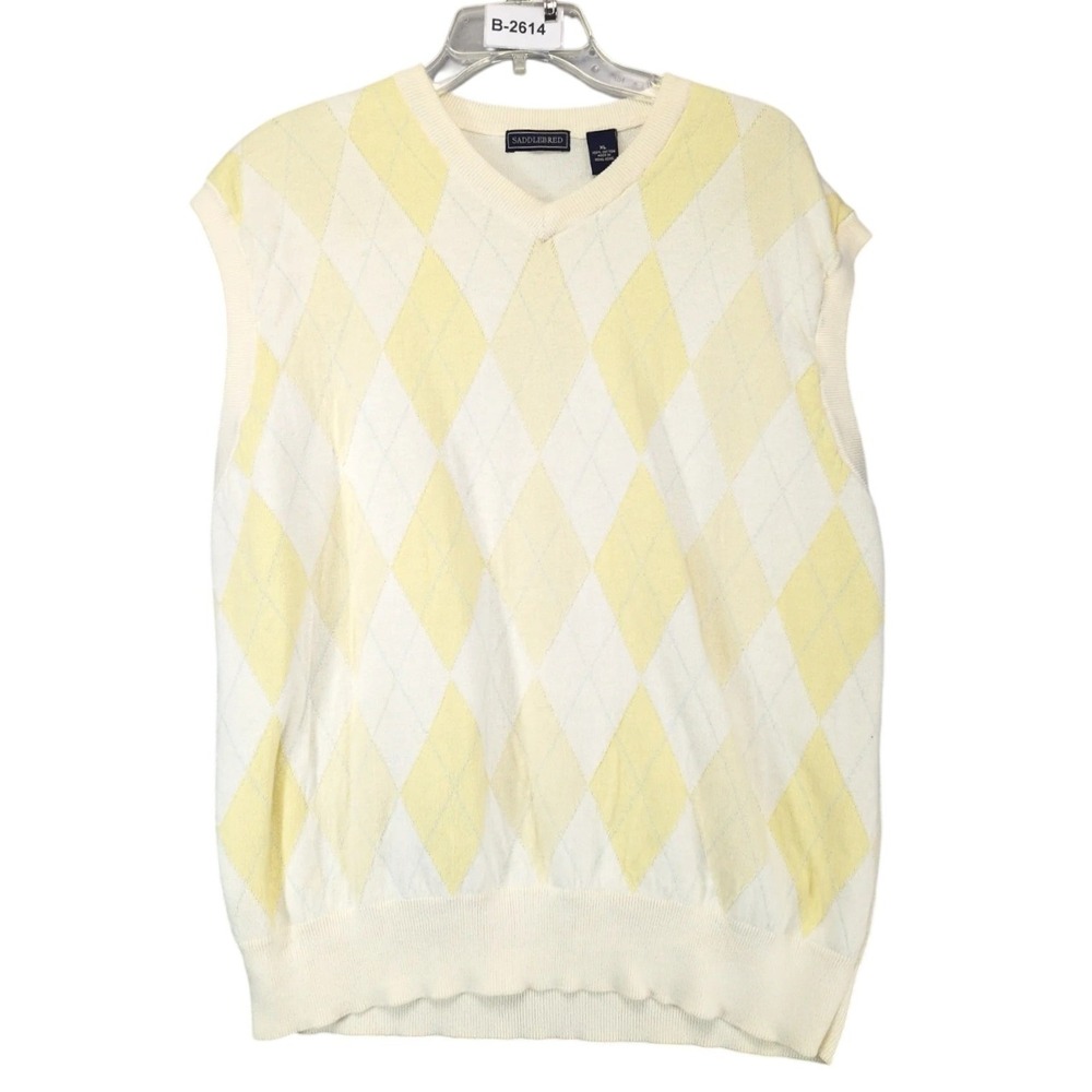 Vintage 90s Saddlebred Yellow Argyle Sweater Vest Mens XL Cotton Preppy Golf Dad